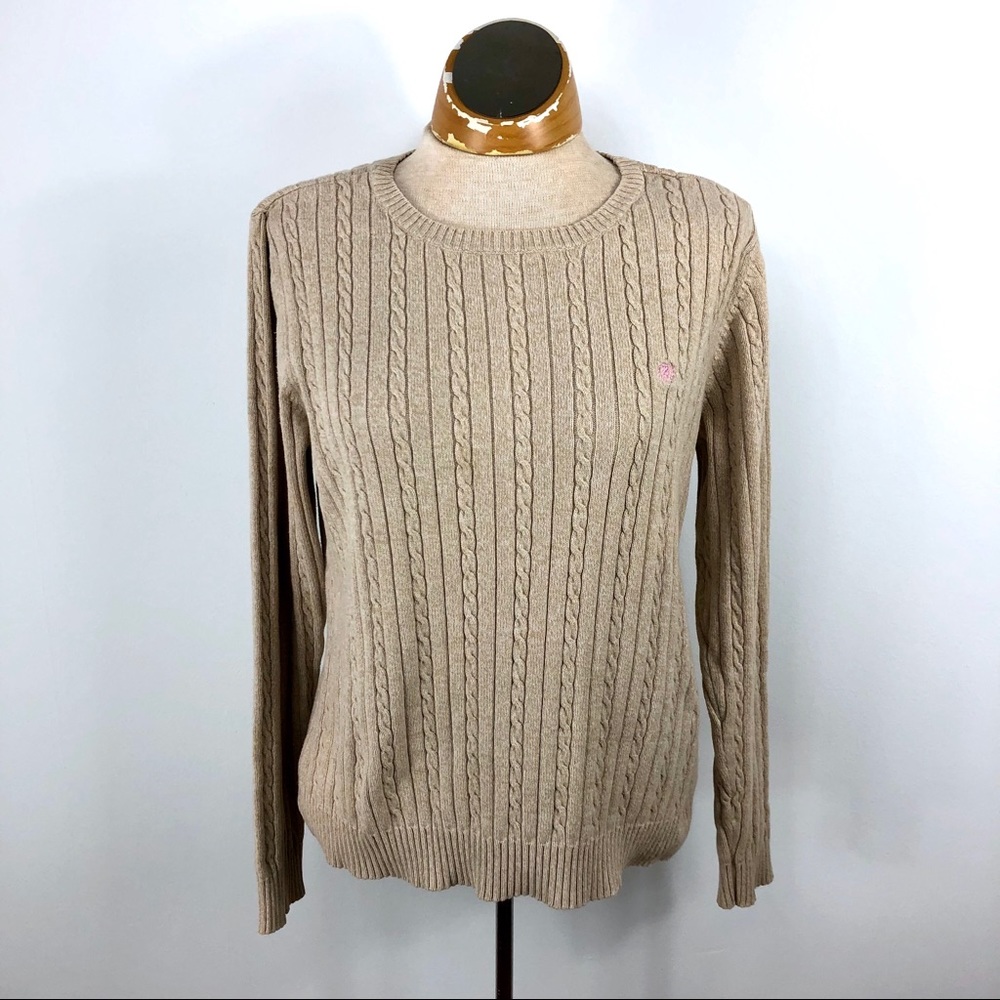 Izod crew neck cable knit‎ sweater with logo Sz L